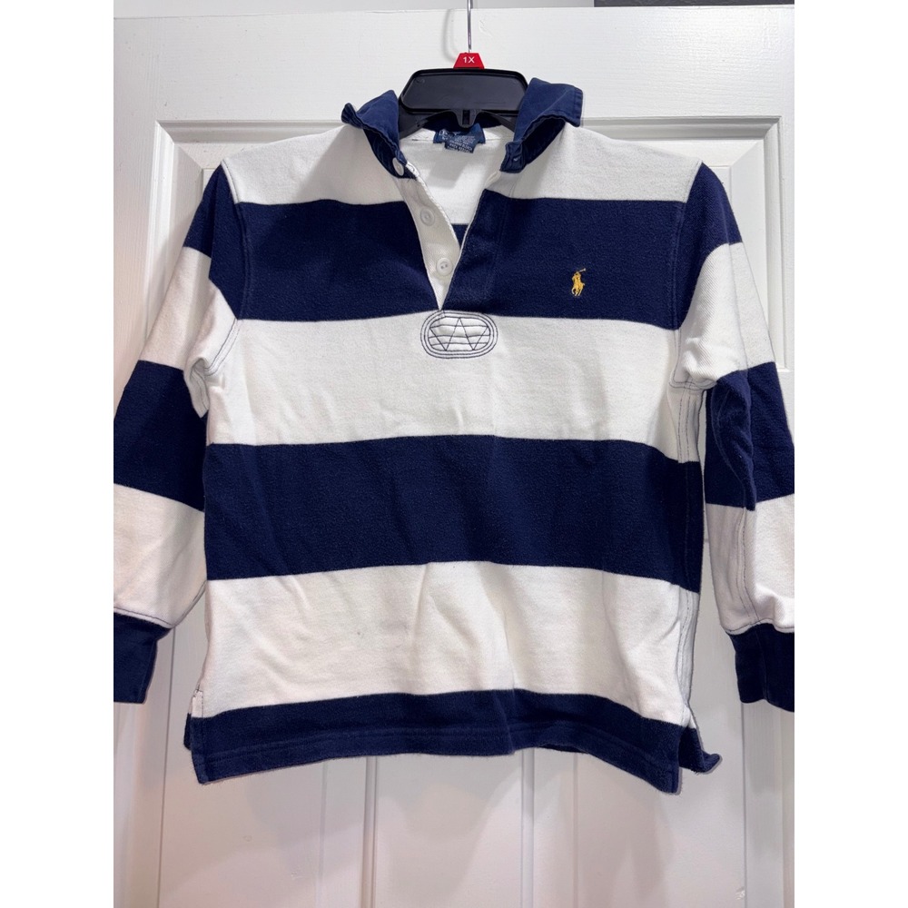 Polo Ralph Lauren Kids Rugby Shirt Navy White Striped Long Sleeve Size S 8/10